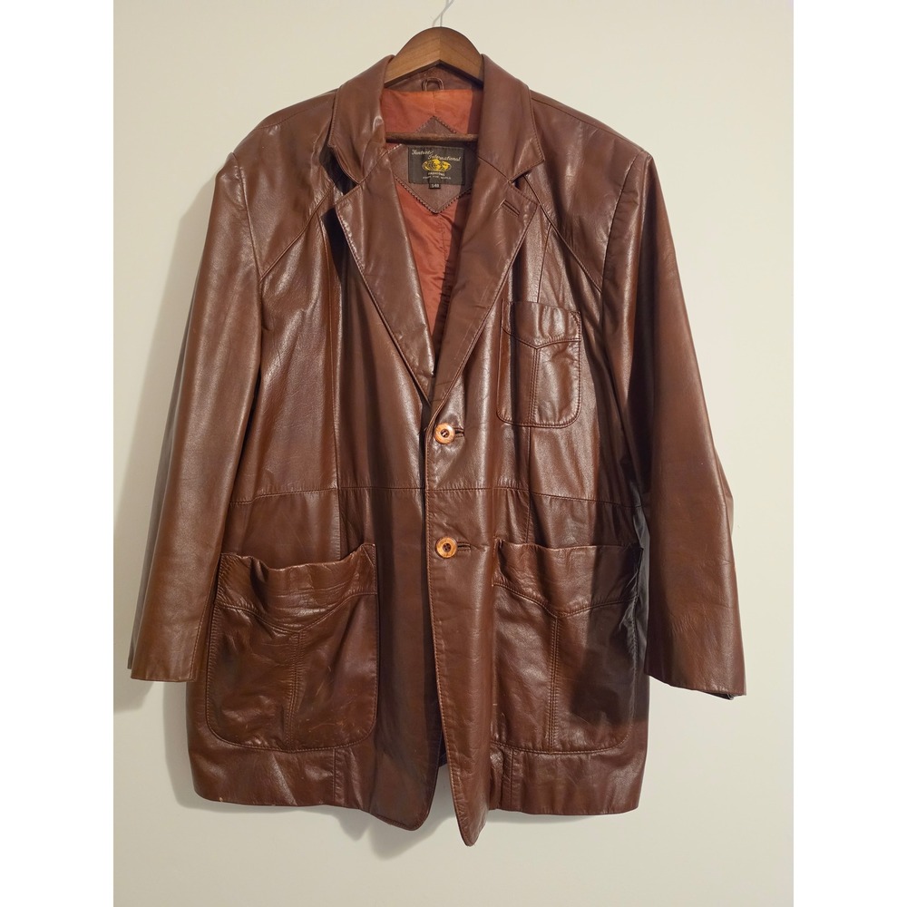 Fantastic International Leather Jacket Mens 54B Brown Genuine Vintage Car Coat